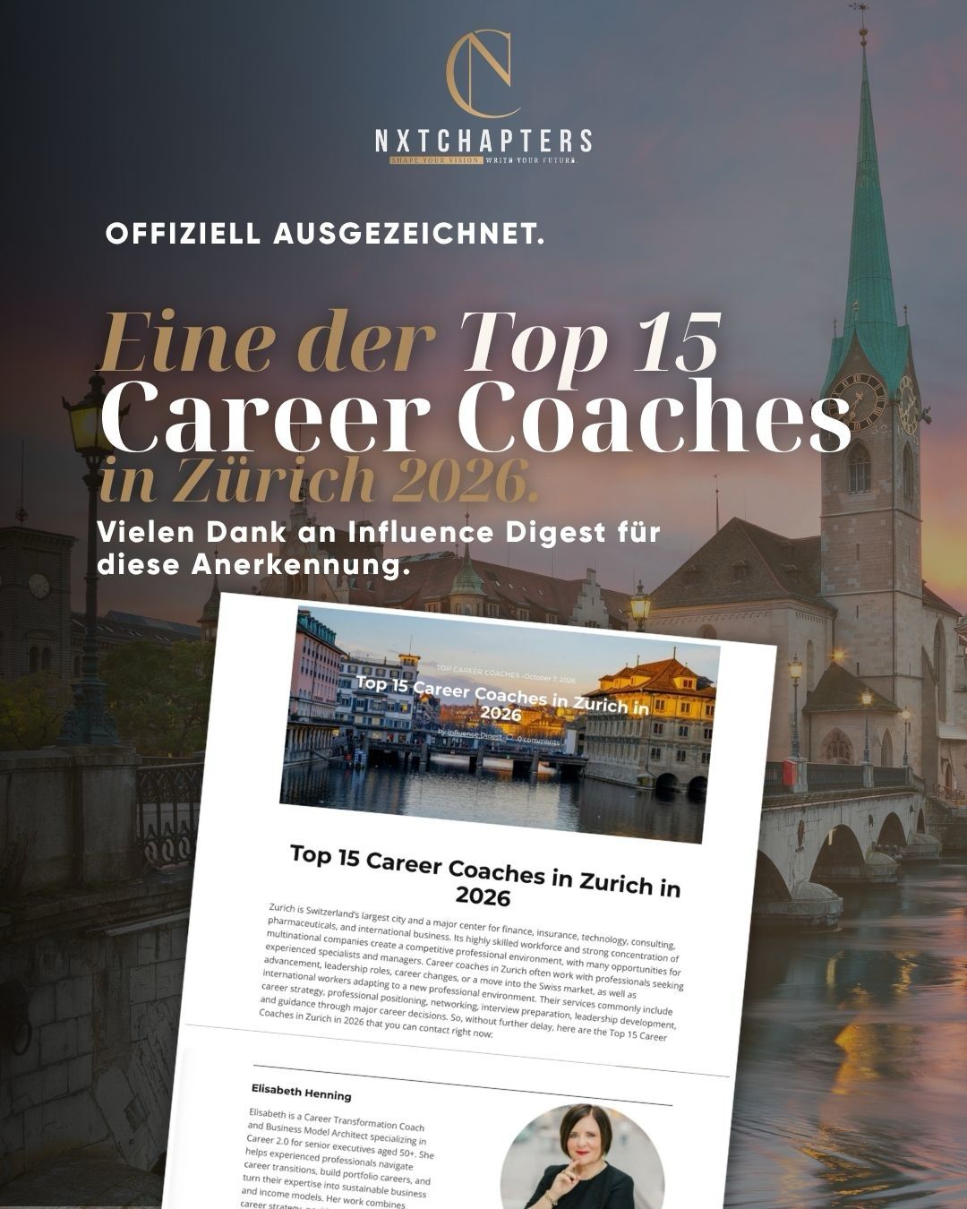 Auszeichnung: Elisabeth Henning ist eine der Top 15 Career Coaches in Zürich 2026 (Influence Digest)
